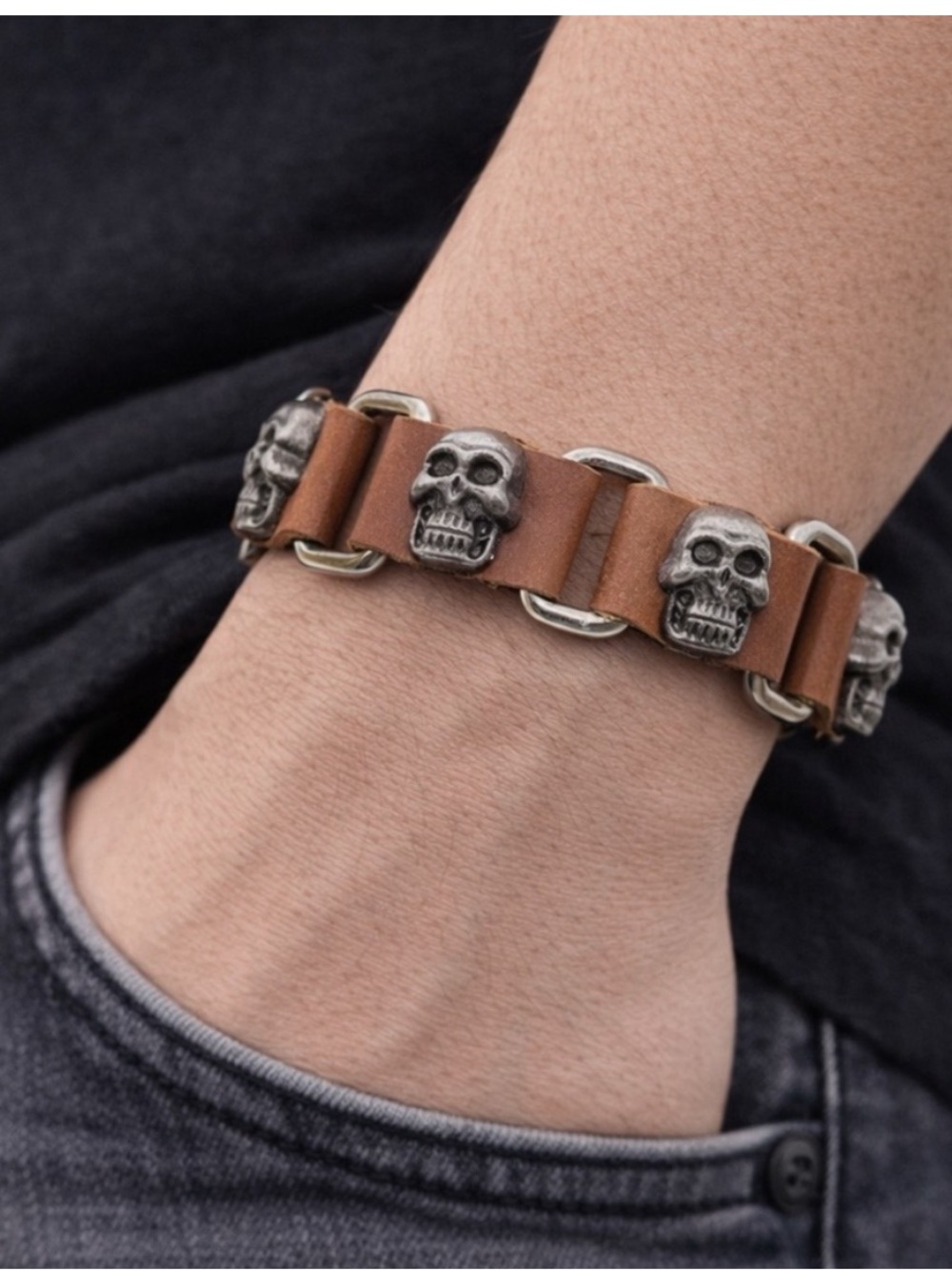 Brown Leather Bracelet with Silver Skull Accents